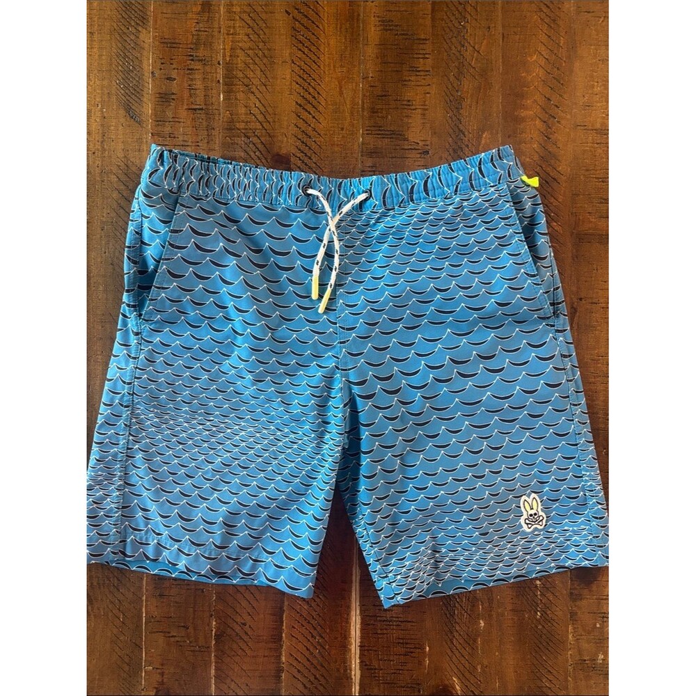 Psycho Bunny Blue Wave Print Boys Lined Swim Trunks in Size 10-12